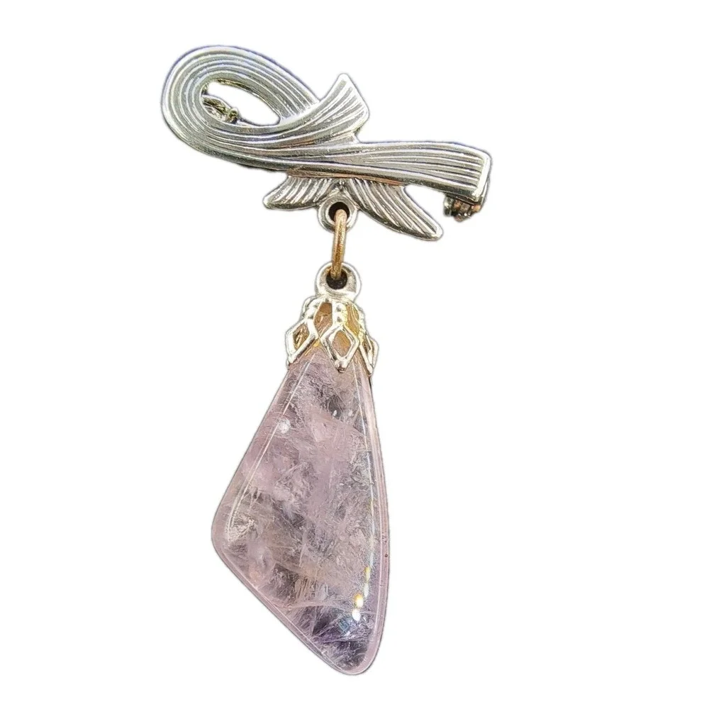 Vintage Silver Tone Bow Brooch with Pink Stone Dangle Rose Quartz Style Pin